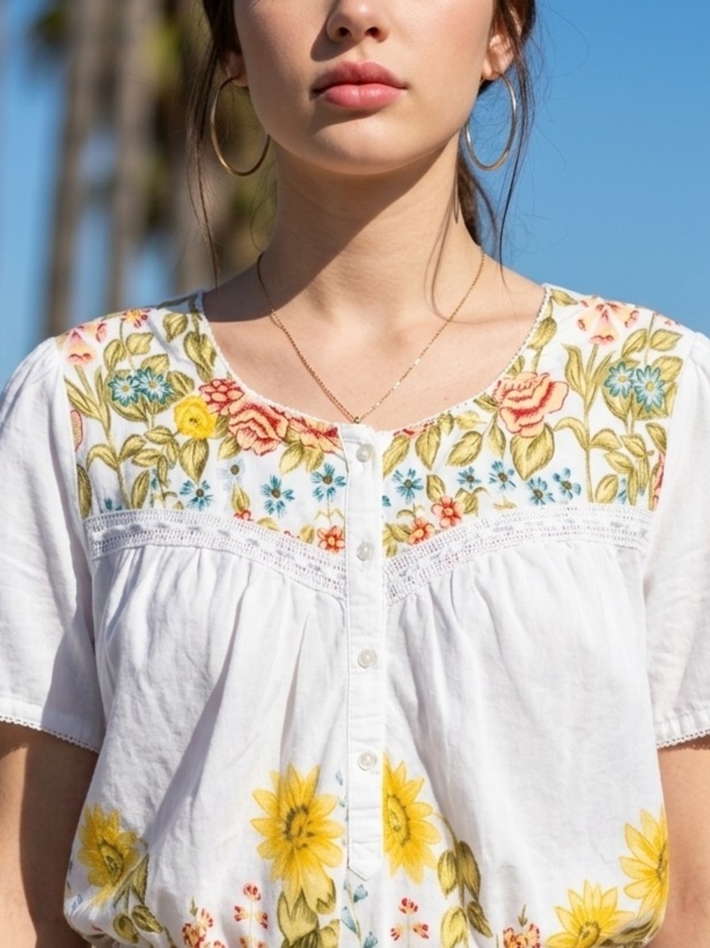 VTG White Floral Embroidered Button-Front Nightgown with Yellow Sunflower Print - Picture 6 of 9